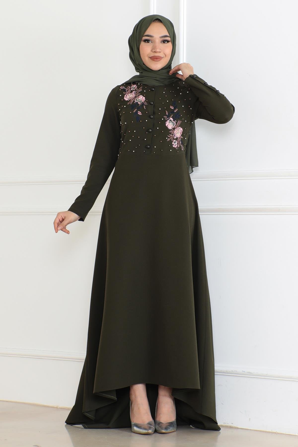 Besticktes Kleid - Khaki 6119
