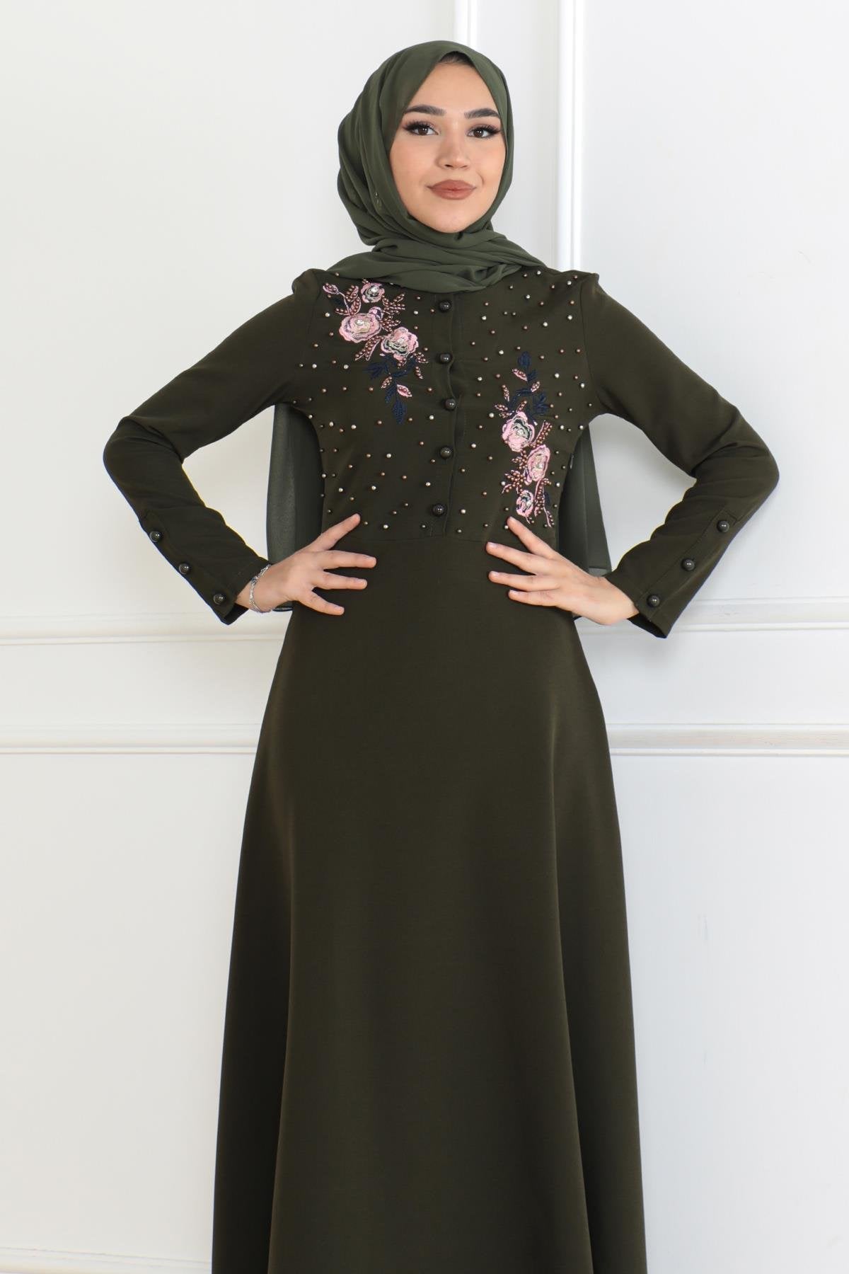 Besticktes Kleid - Khaki 6119