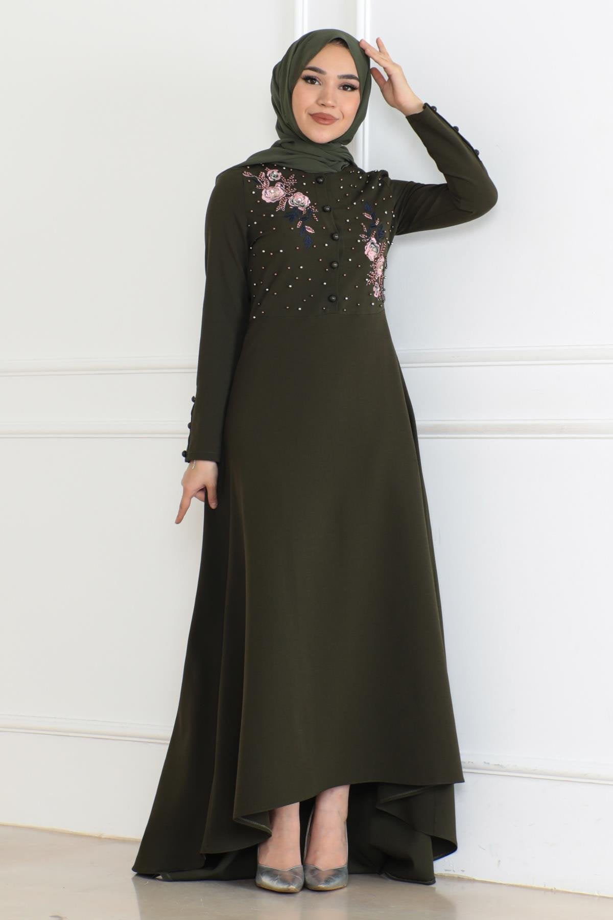Besticktes Kleid - Khaki 6119