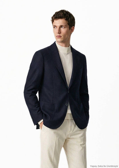 Marineblaue Wolljacke im Komfortschnitt