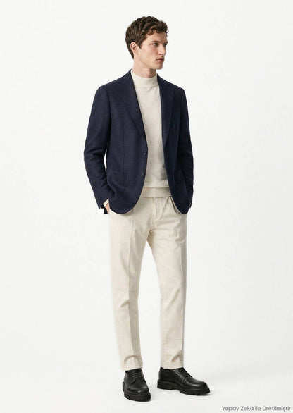 Marineblaue Wolljacke im Komfortschnitt