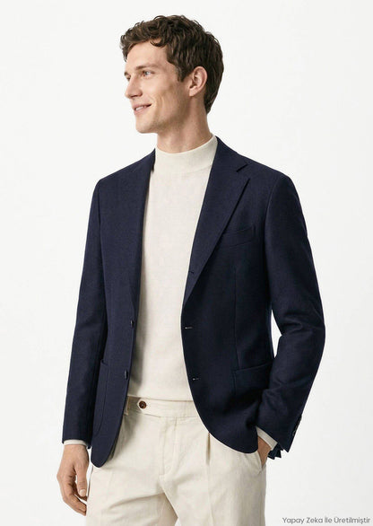 Marineblaue Wolljacke im Komfortschnitt