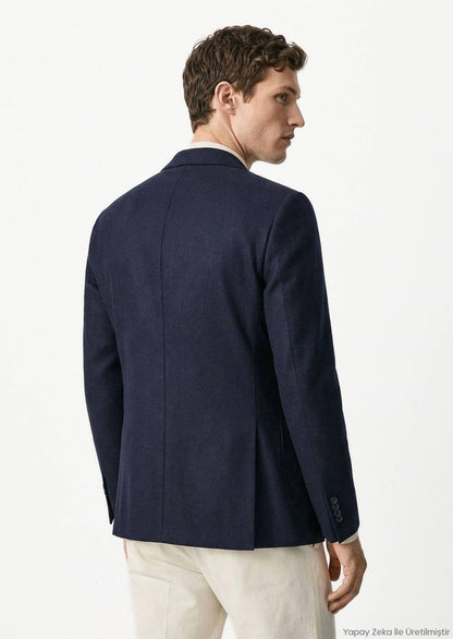 Marineblaue Wolljacke im Komfortschnitt