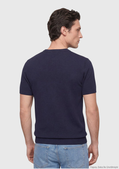 Marineblaues Jacquard T-Shirt aus 100% Baumwolle