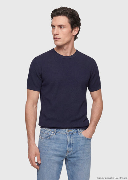 Marineblaues Jacquard T-Shirt aus 100% Baumwolle