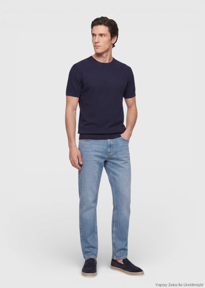Marineblaues Jacquard T-Shirt aus 100% Baumwolle