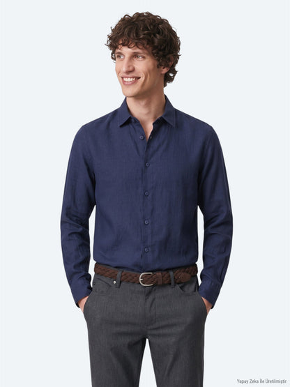 Marineblaues Regular Fit Casual Hemd