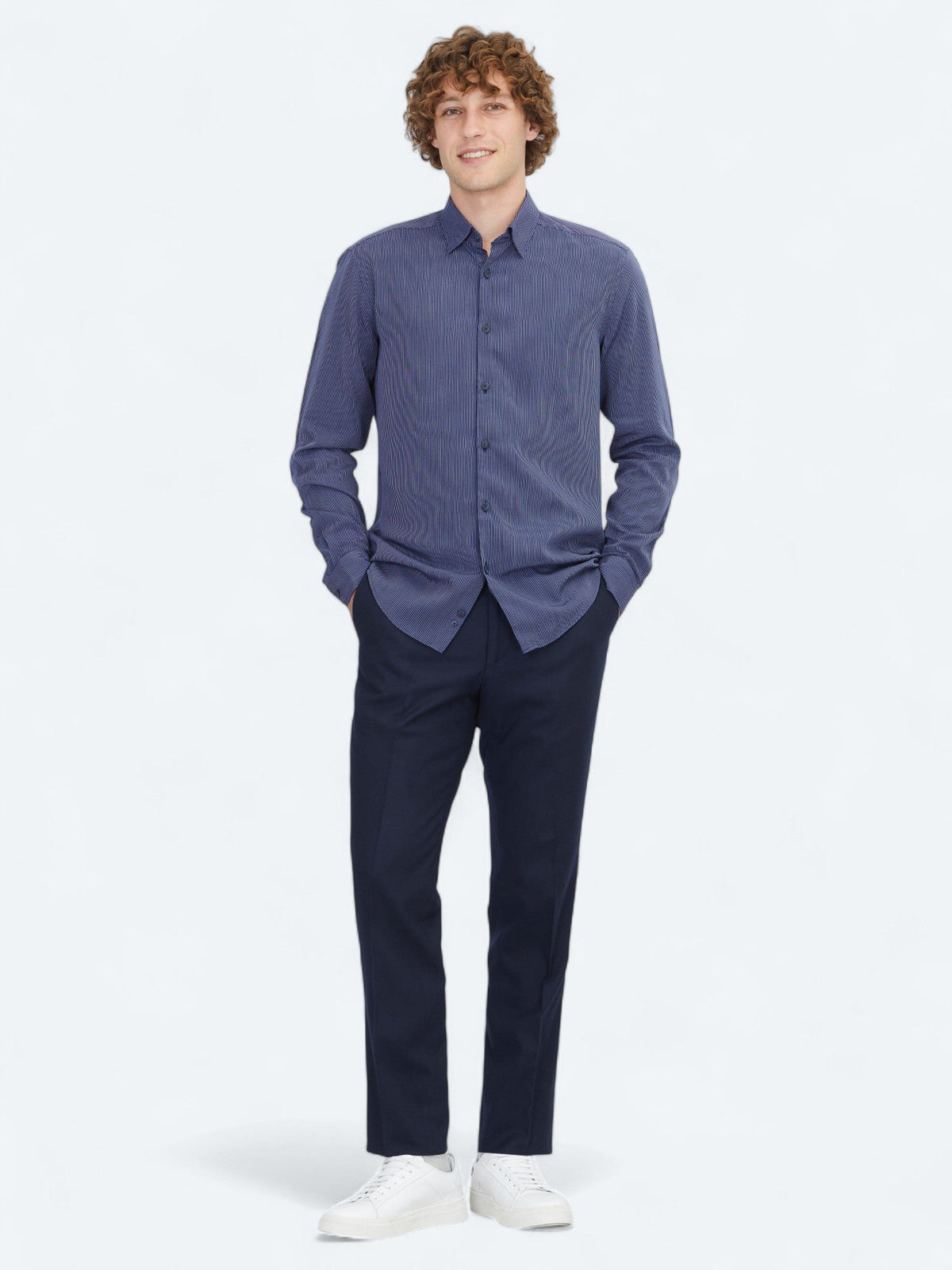 Marineblau gestreiftes Regular Fit Web-Casual-Hemd