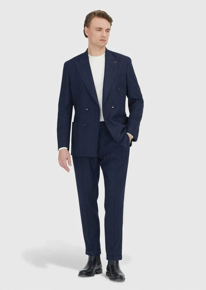 Marineblaue, gestreifte Jacke mit schmaler Passform und Schulterpartie aus Wollmischgewebe