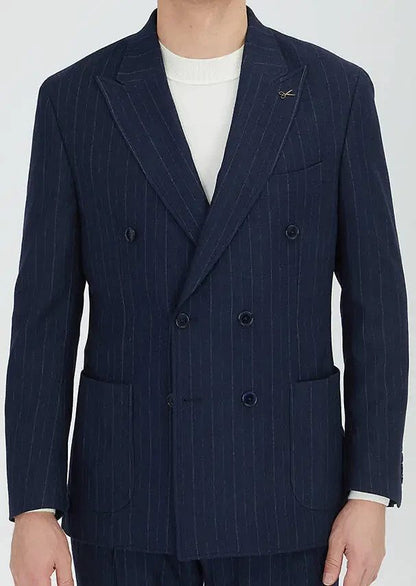 Marineblaue, gestreifte Jacke mit schmaler Passform und Schulterpartie aus Wollmischgewebe