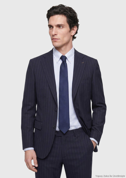 Marineblau gestreifter Wollanzug slim fit