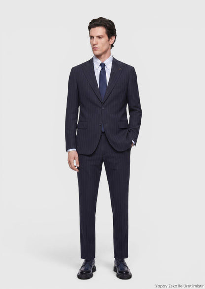 Marineblau gestreifter Wollanzug slim fit