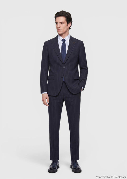 Marineblau gestreifter Wollanzug slim fit