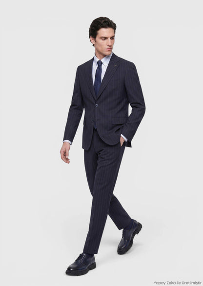 Marineblau gestreifter Wollanzug slim fit