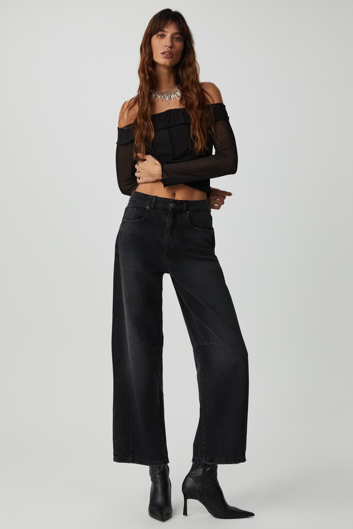 ETHIQUET NERYS Damen Mesh Bardot-Bluse Schwarz