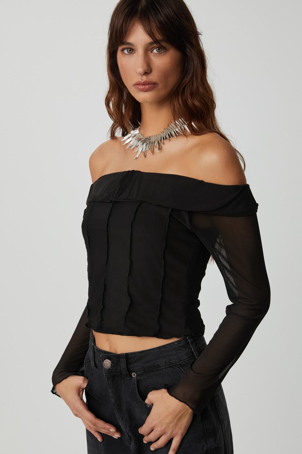 ETHIQUET NERYS Damen Mesh Bardot-Bluse Schwarz