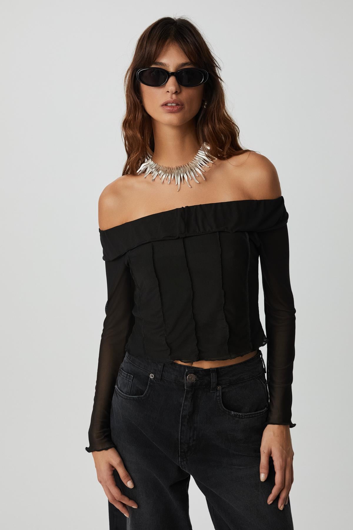 ETHIQUET NERYS Damen Mesh Bardot-Bluse Schwarz