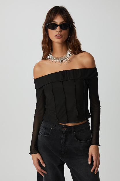 NERYS Damen Mesh Bardot-Bluse