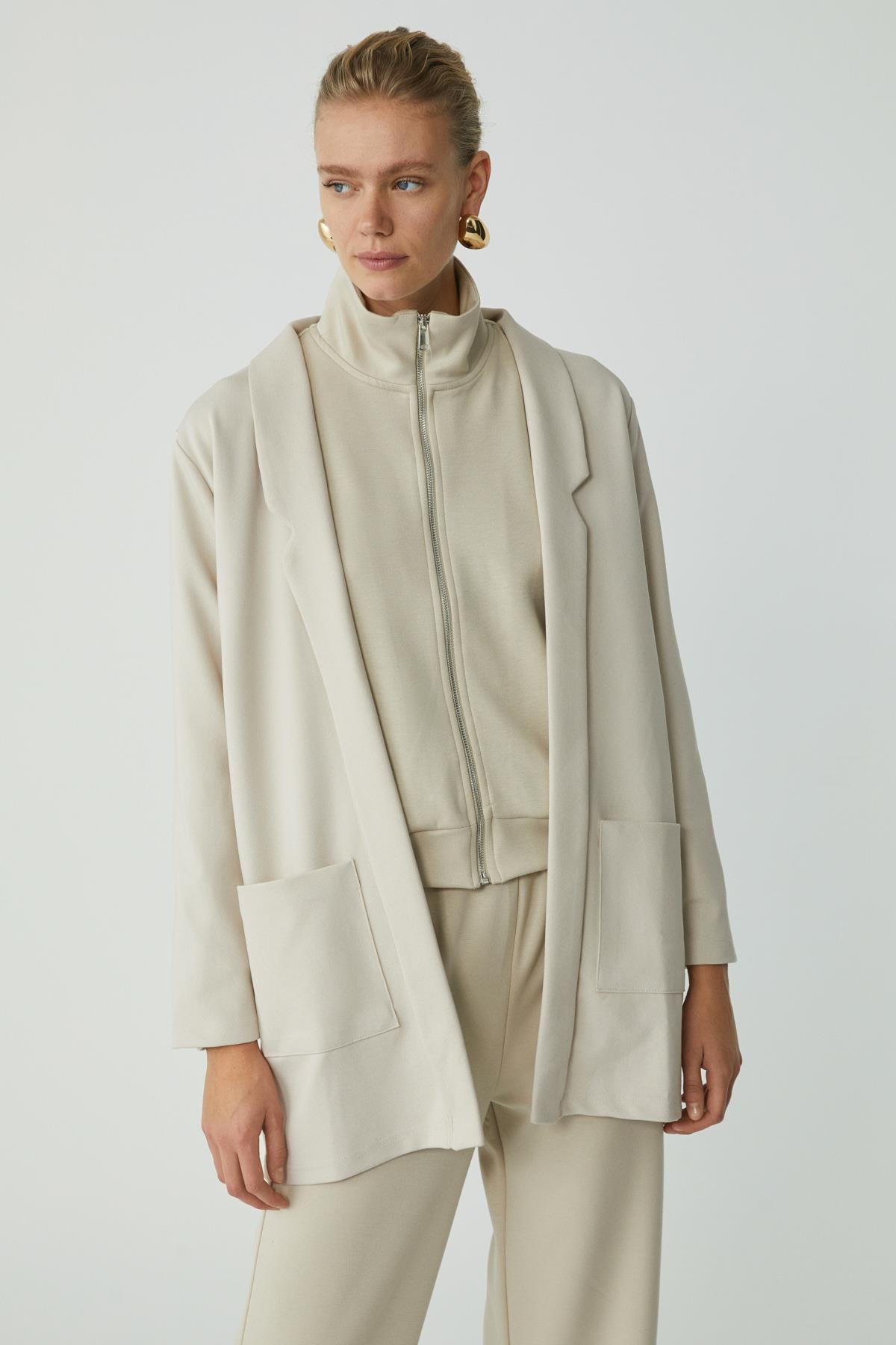 ETHIQUET Strickblazer Langmantel Steinfarbe