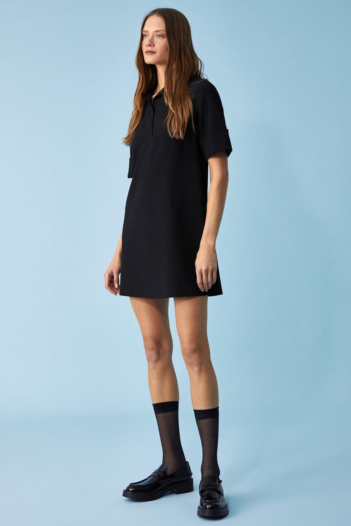ETHIQUET NOURU Damen Oversize Polo Minikleid Schwarz