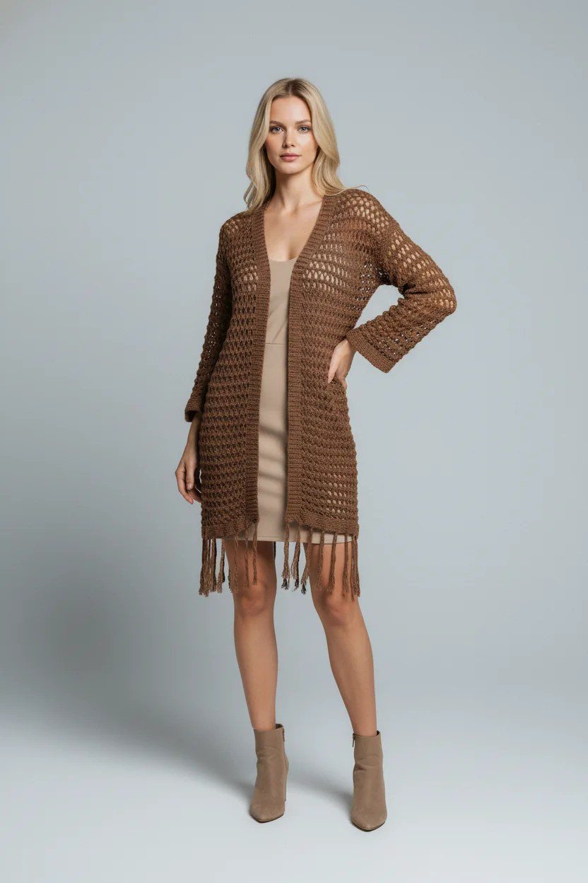 Locker sitzende, lange Strickjacke mit gestrickten Quasten.