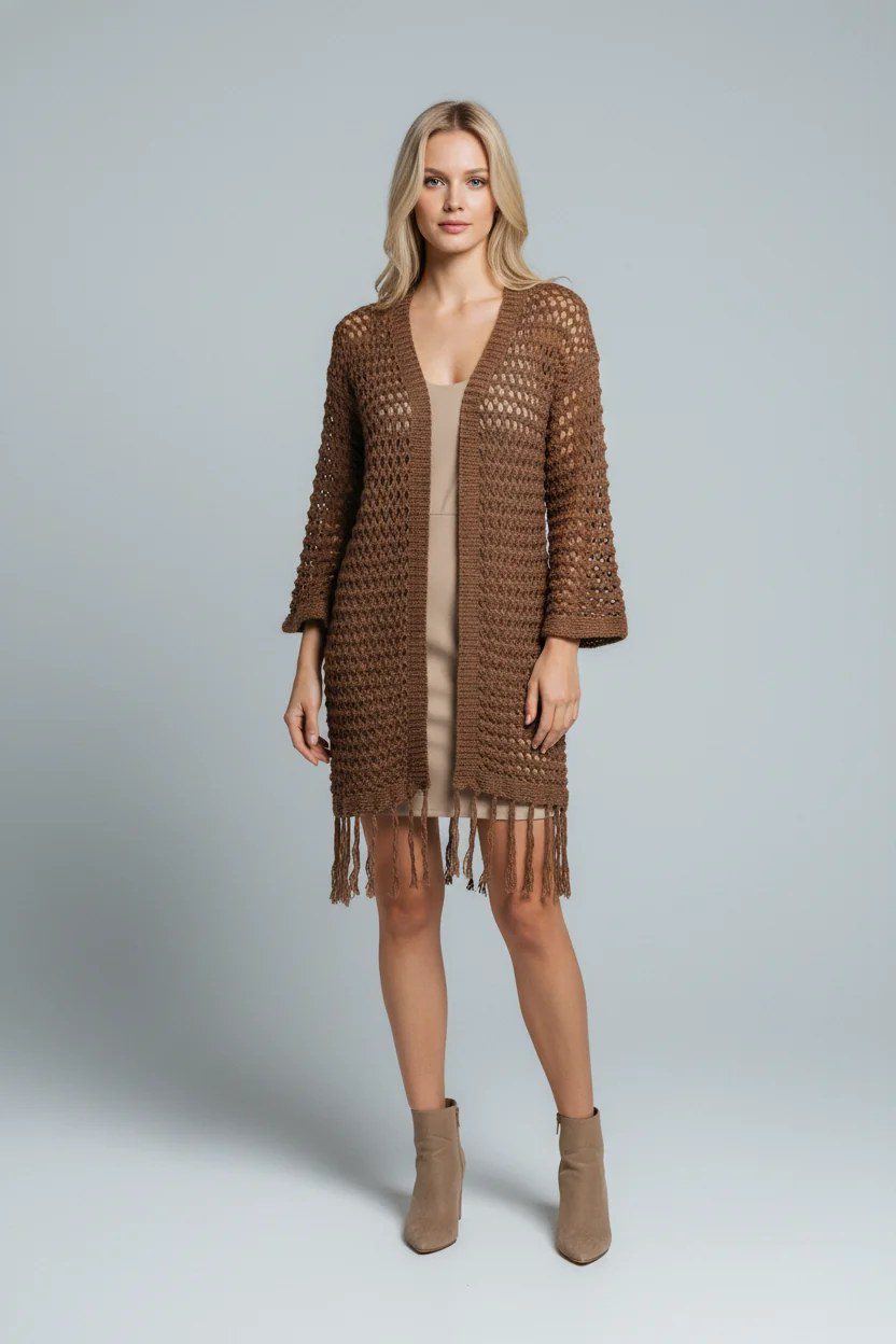 Locker sitzende, lange Strickjacke mit gestrickten Quasten.