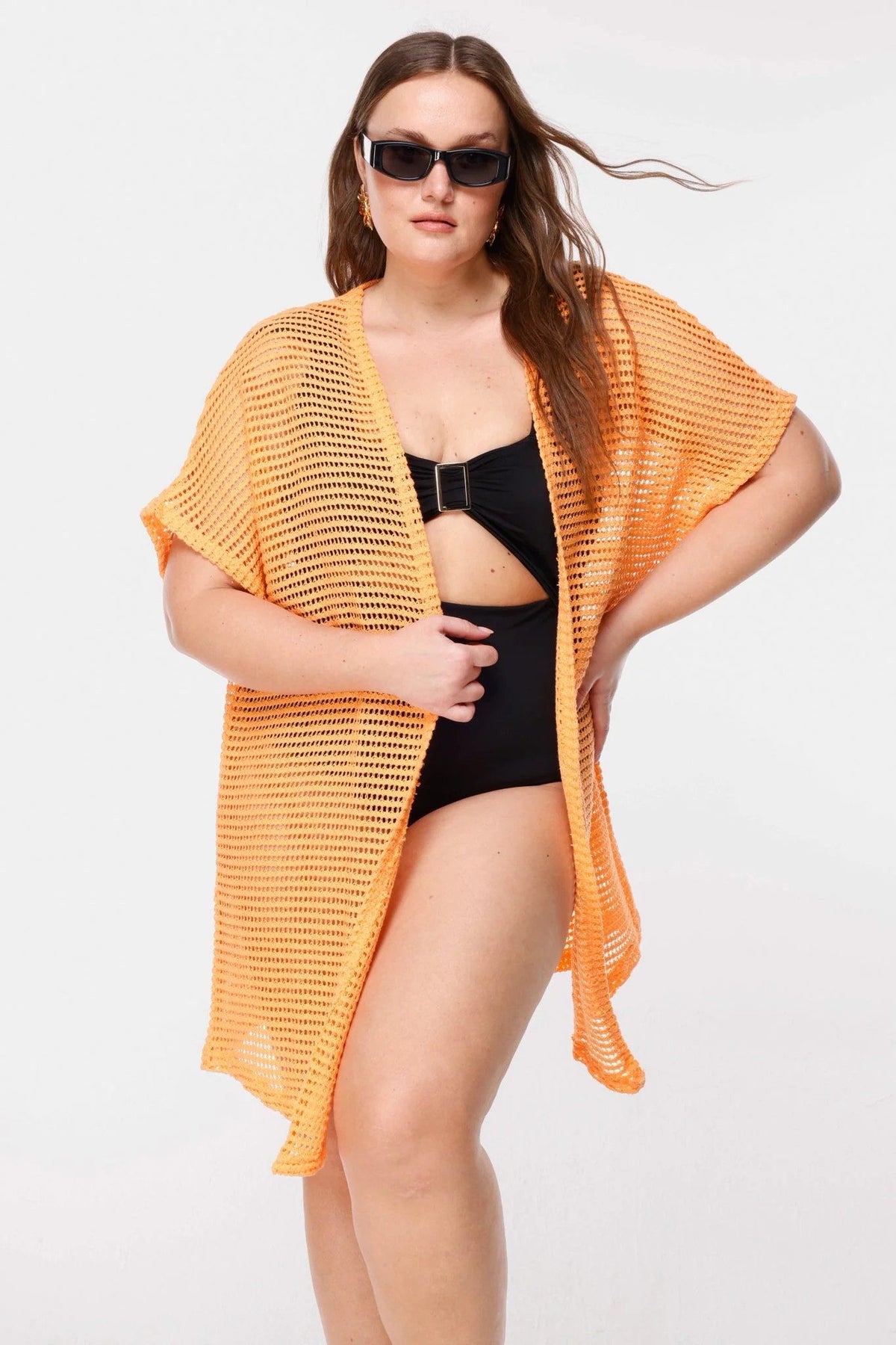 Gestrickter, langärmeliger Netzkimono