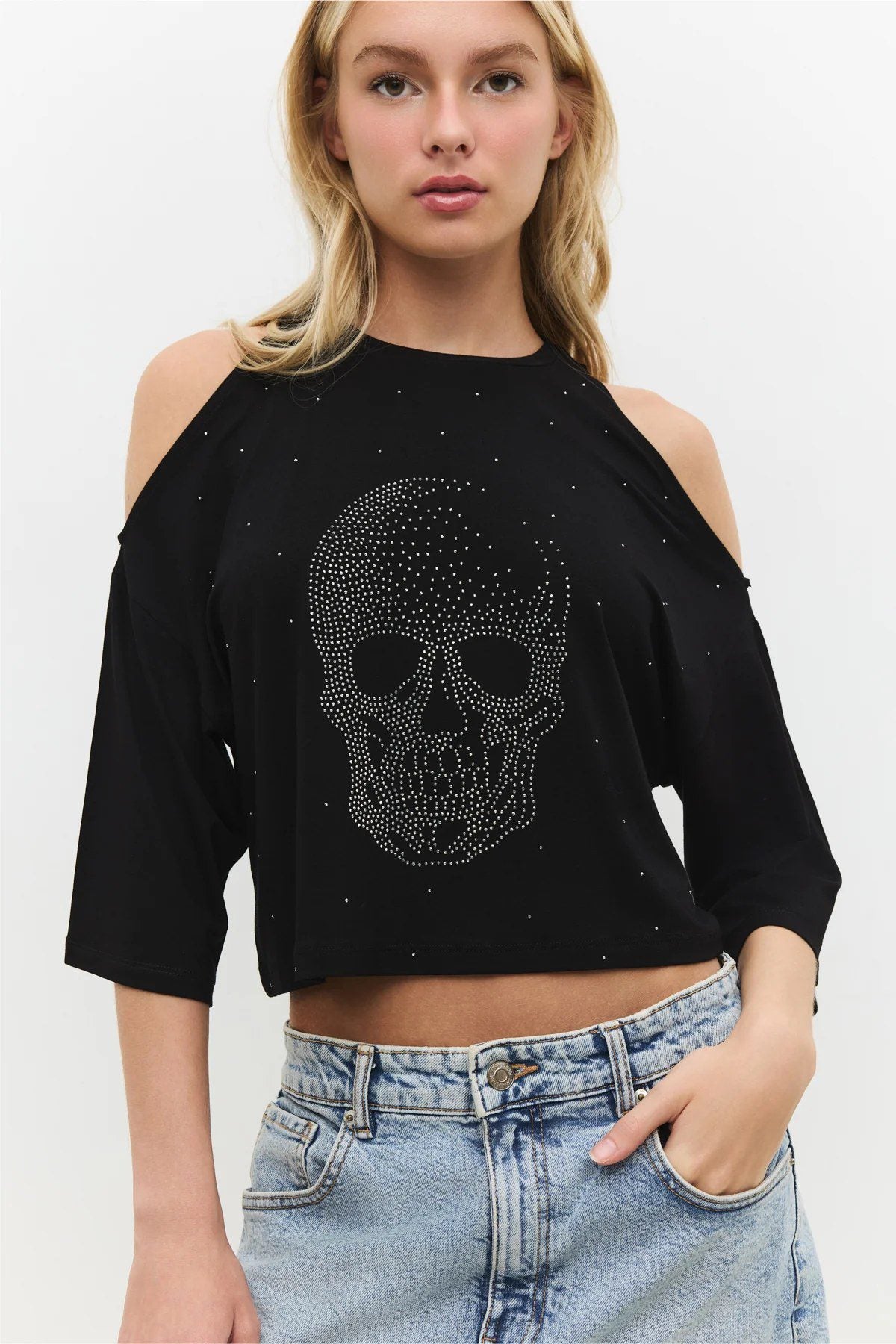bedrucktes schulterfreies T-Shirt