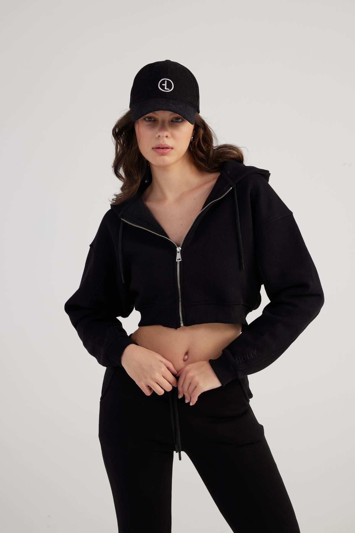 Damen Kapuzen Langarm Crop Sweat
