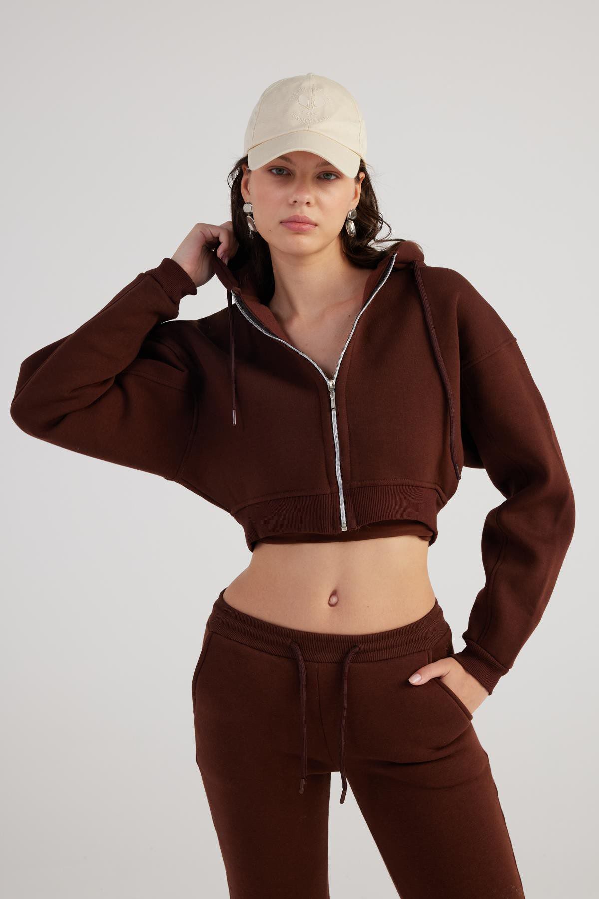 Damen Kapuzen Langarm Crop Sweat