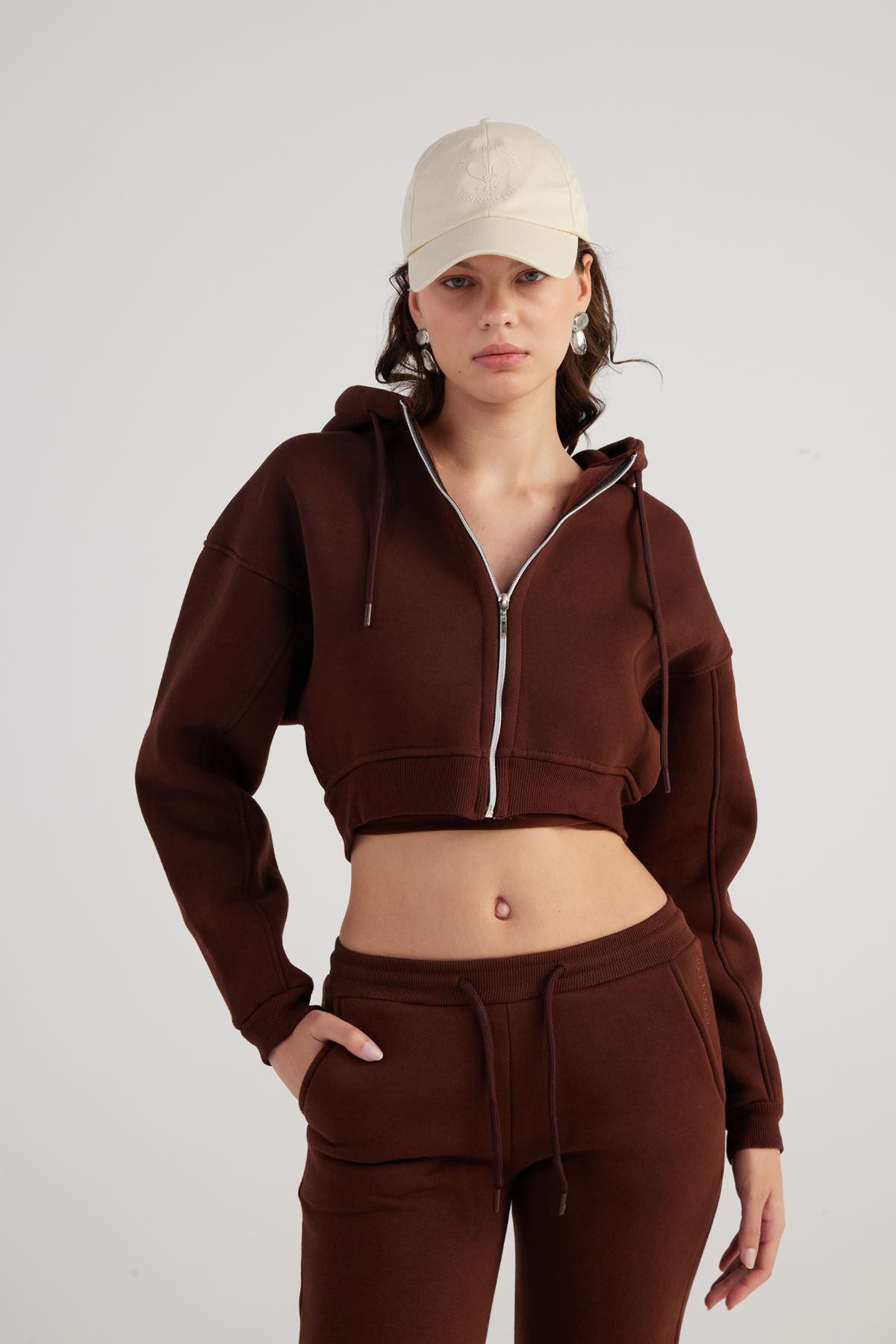 Damen Kapuzen Langarm Crop Sweat