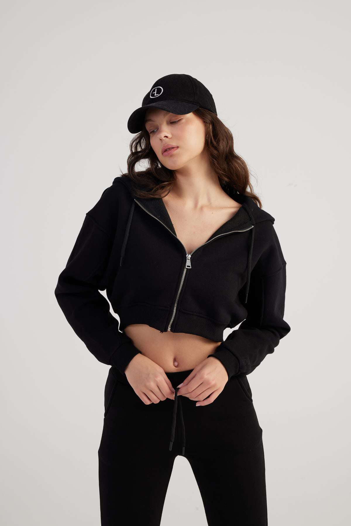 Damen Kapuzen Langarm Crop Sweat