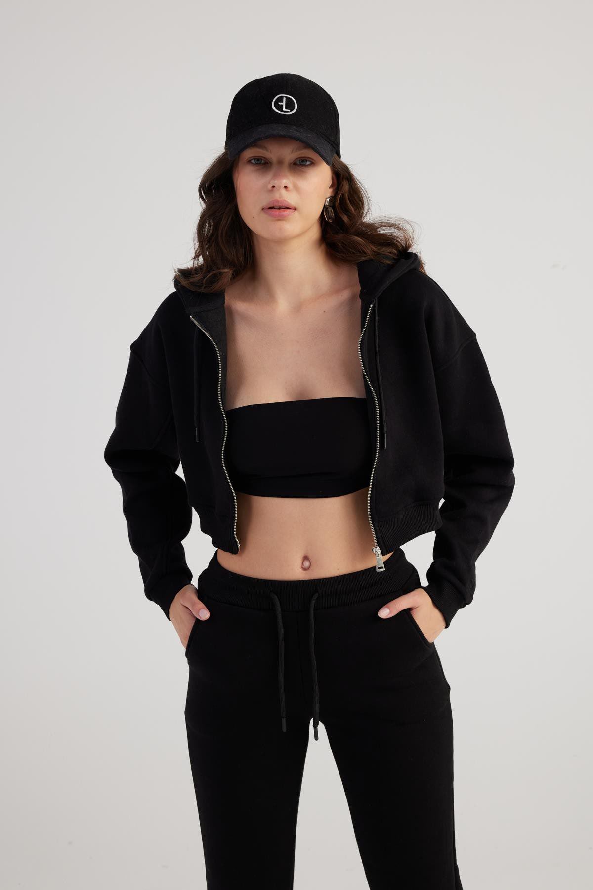 Damen Kapuzen Langarm Crop Sweat