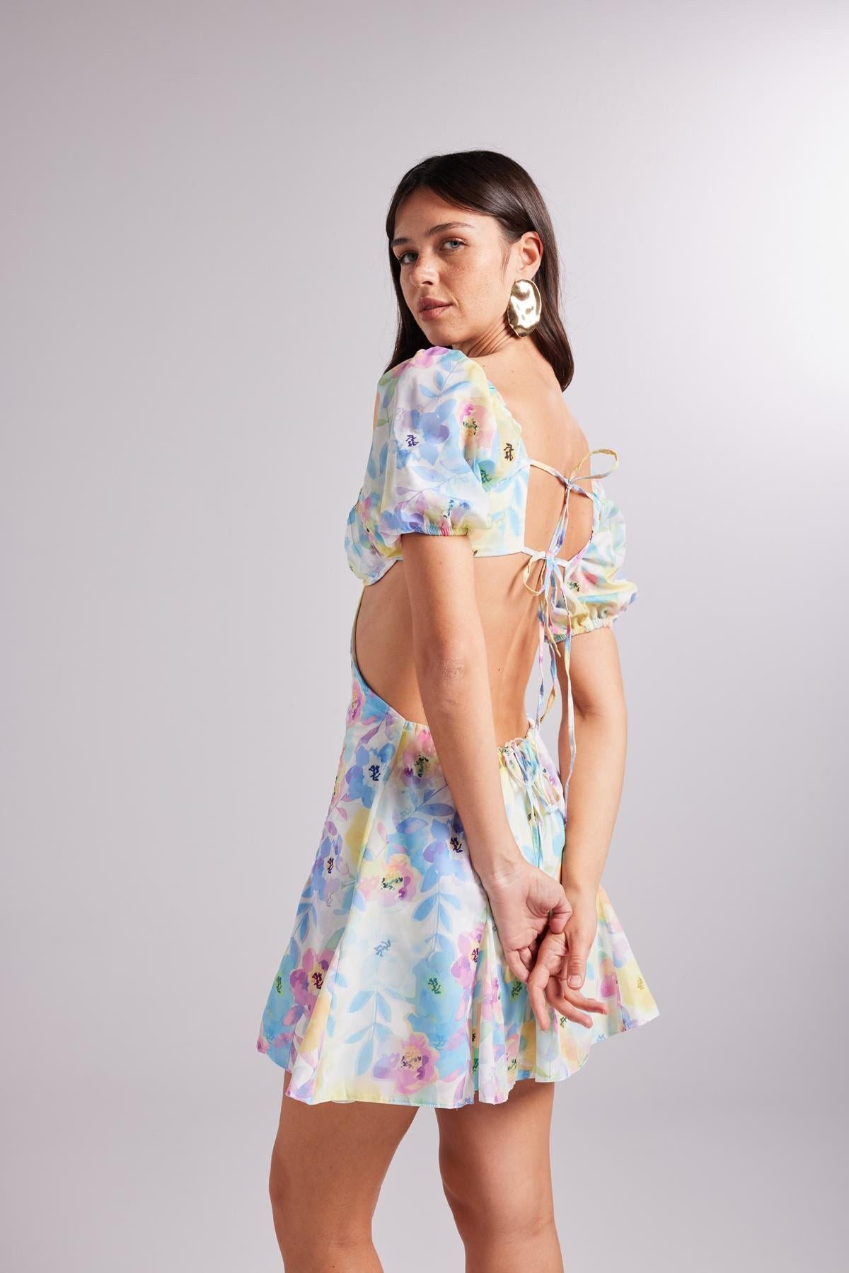 Blumen Mini Ballonärmel Kleid