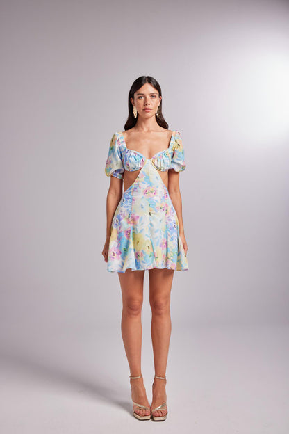 Blumen Mini Ballonärmel Kleid