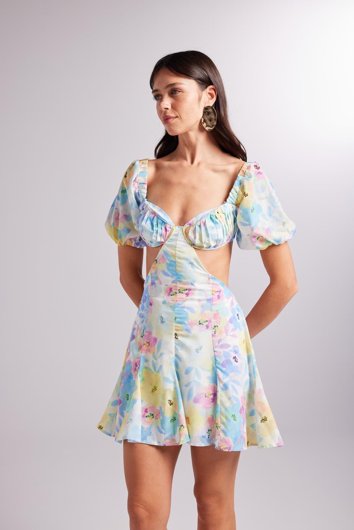 Blumen Mini Ballonärmel Kleid