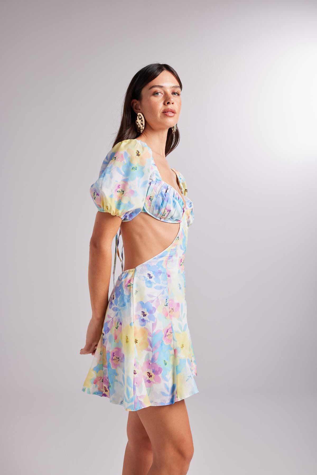 Blumen Mini Ballonärmel Kleid