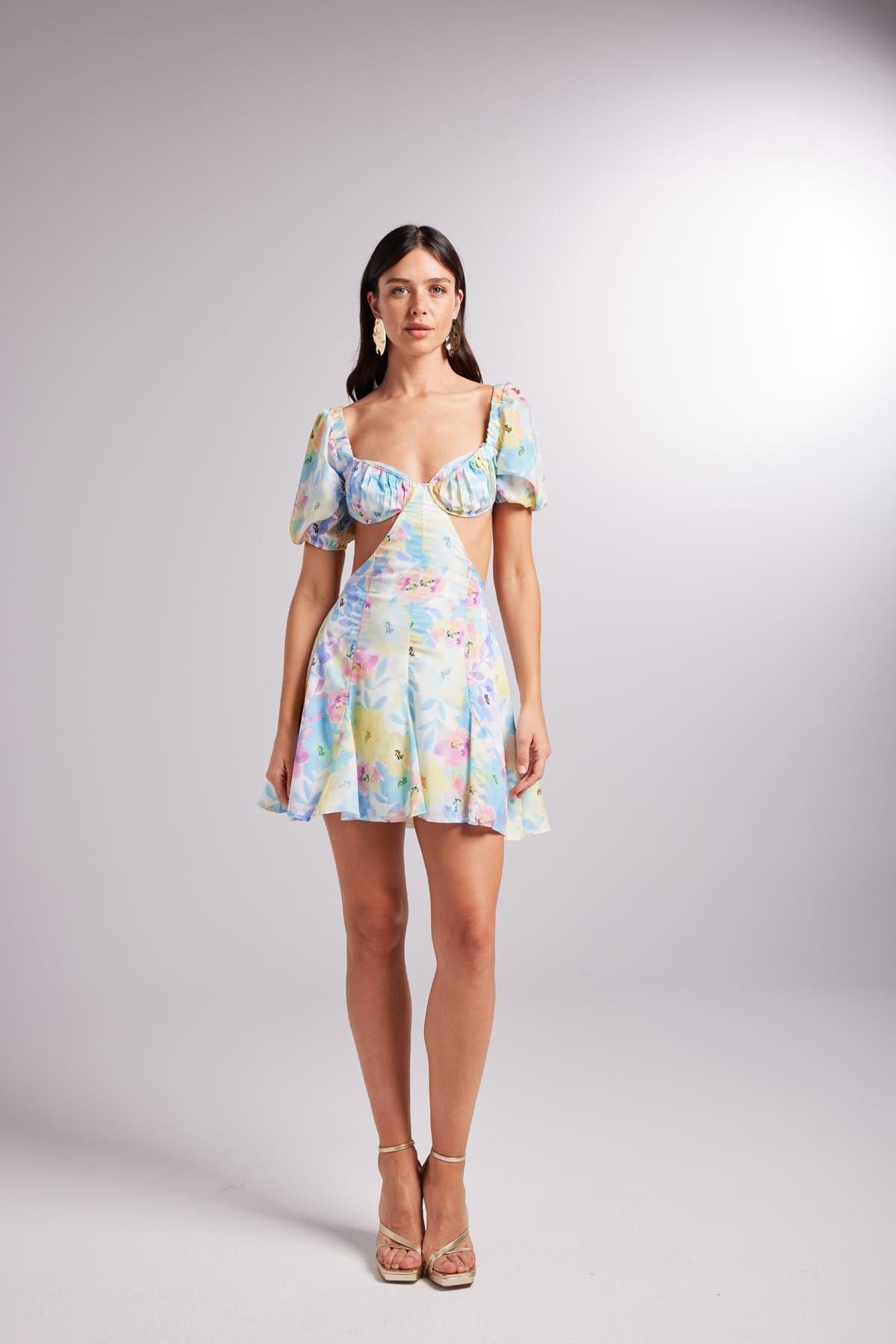 Blumen Mini Ballonärmel Kleid