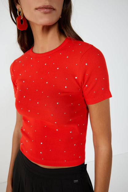 Kurzarm-T-Shirt mit Strasssteinen