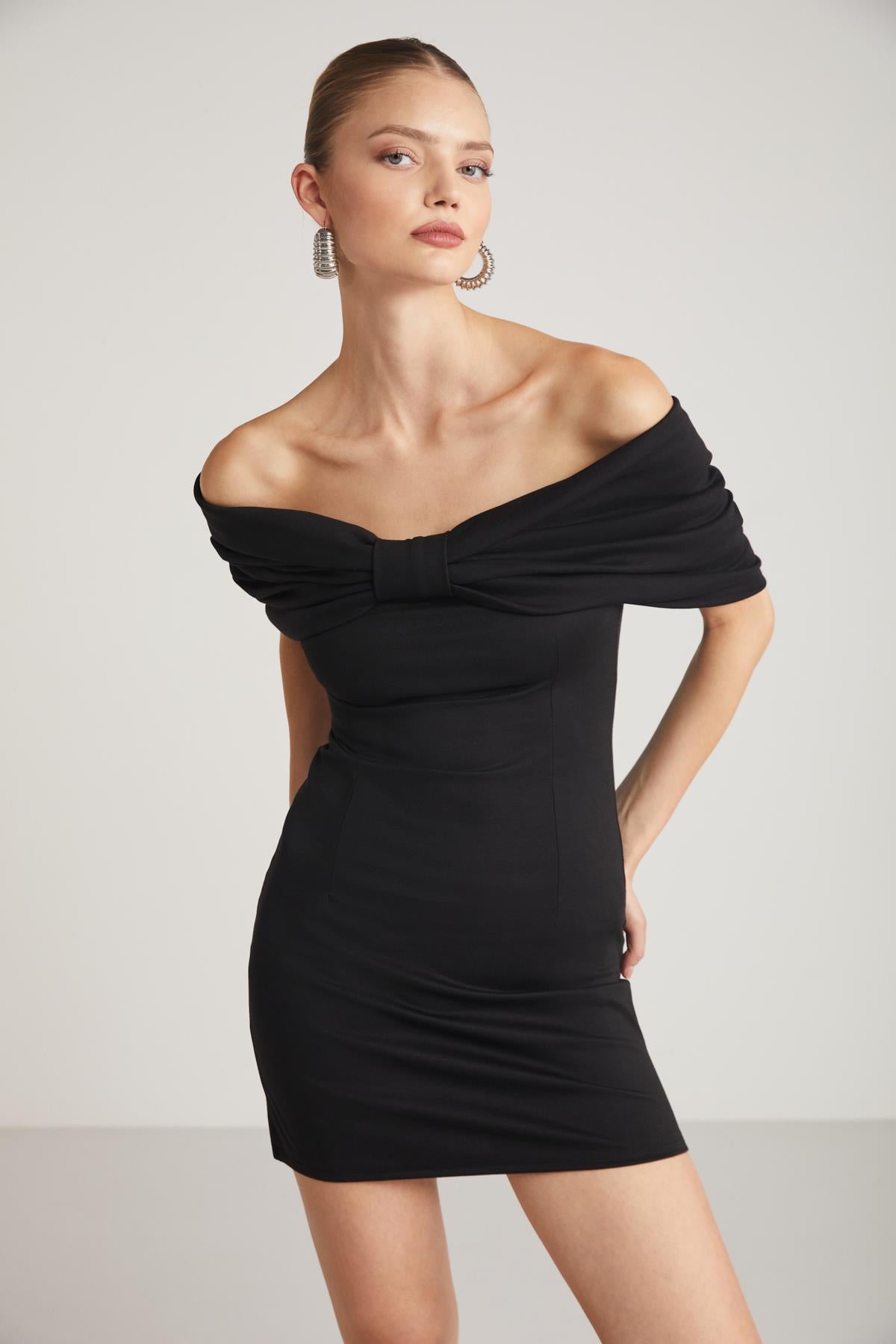 ETHIQUET PAOLA Off-Shoulder Bodycon Kleid Schwarz