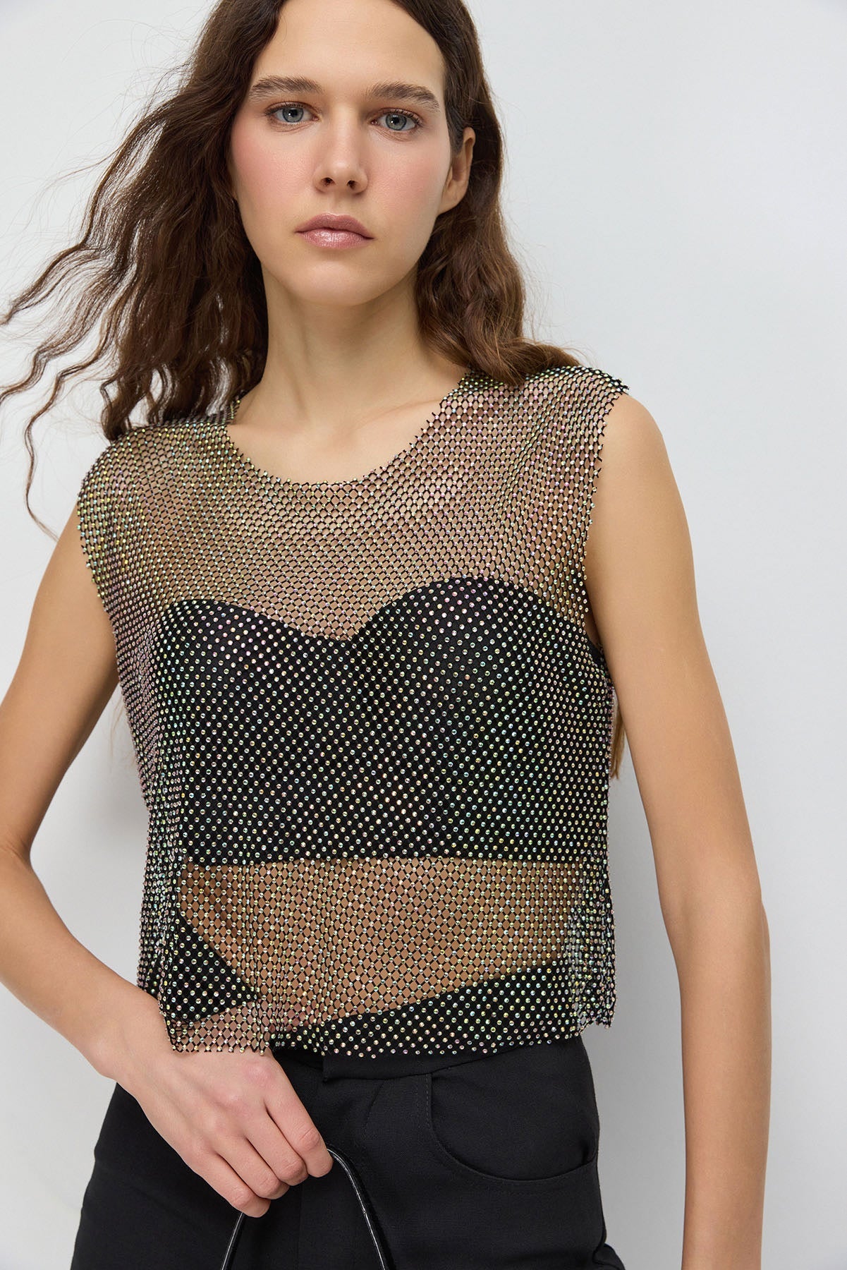 Glitzerndes Strass-Netz-Crop-Top