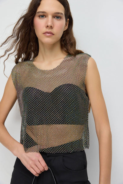 Glitzerndes Strass-Netz-Crop-Top