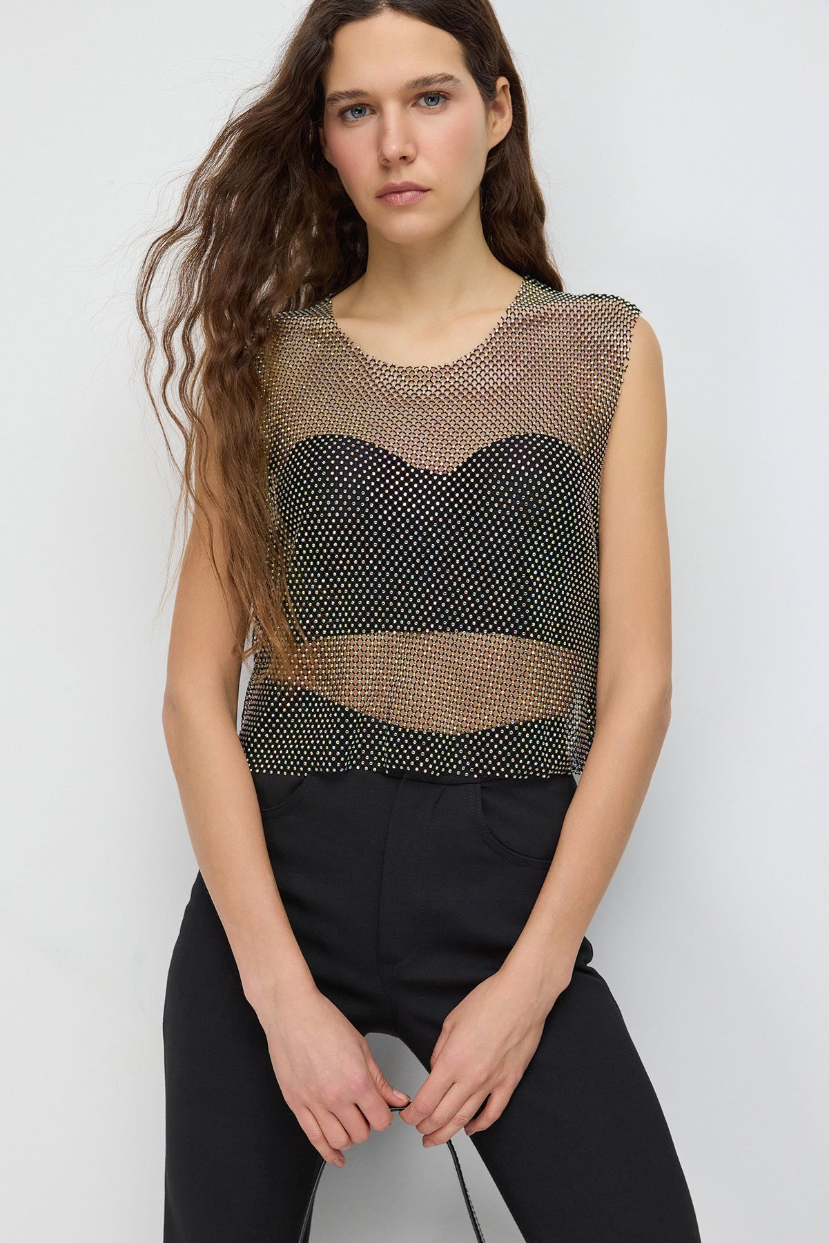 Glitzerndes Strass-Netz-Crop-Top