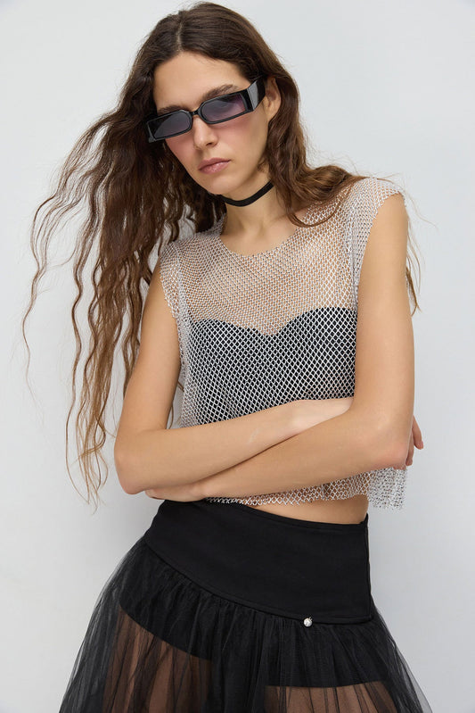 Glitzerndes Strass-Netz-Crop-Top