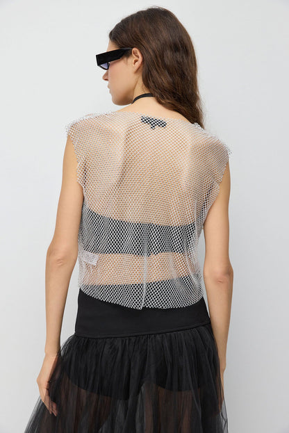 Glitzerndes Strass-Netz-Crop-Top