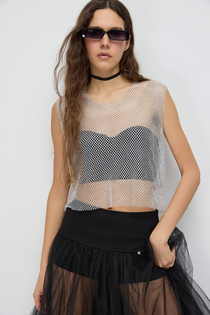 Glitzerndes Strass-Netz-Crop-Top
