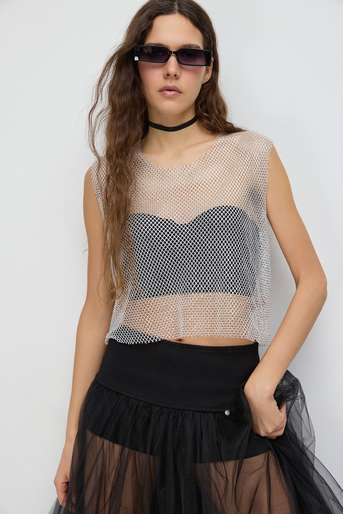 Glitzerndes Strass-Netz-Crop-Top