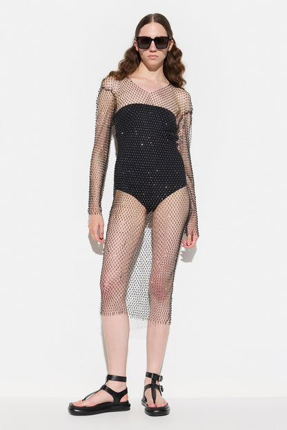 Funkelndes, verziertes Mesh-Midikleid