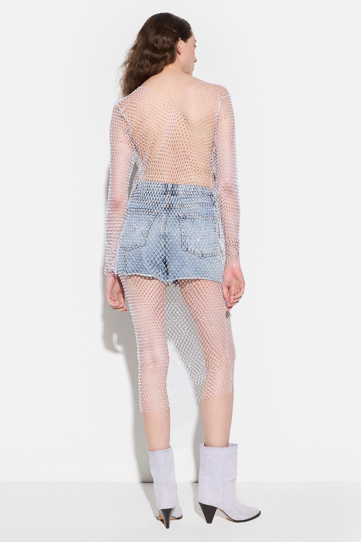 Funkelndes, verziertes Midi-Meshkleid