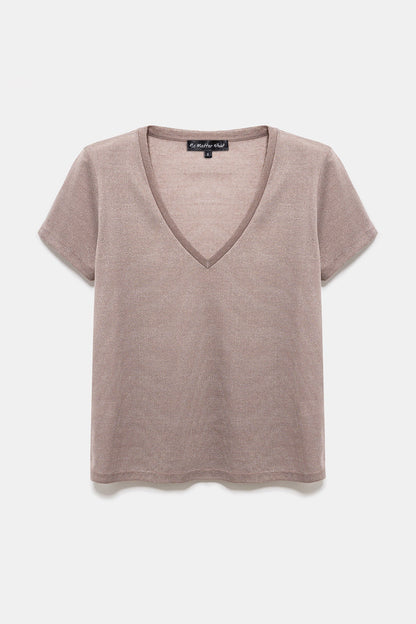 Glänzendes Basic-T-Shirt mit V-Ausschnitt